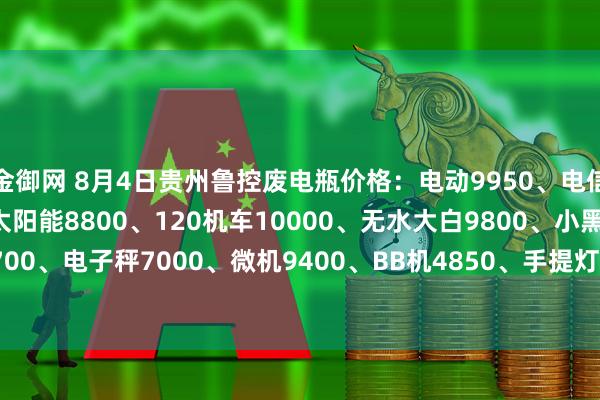 金御网 8月4日贵州鲁控废电瓶价格：电动9950、电信9400、电轿9750、太阳能8800、120机车10000、无水大白9800、小黑皮8700、摩托车8700、电子秤7000、微机9400、BB机4850、手提灯3300、无水统货9900、扣水小黑皮10200。（单位：元/吨）